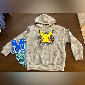 Grey Tie-Dye style Pikachu Hoodie, Size Medium.